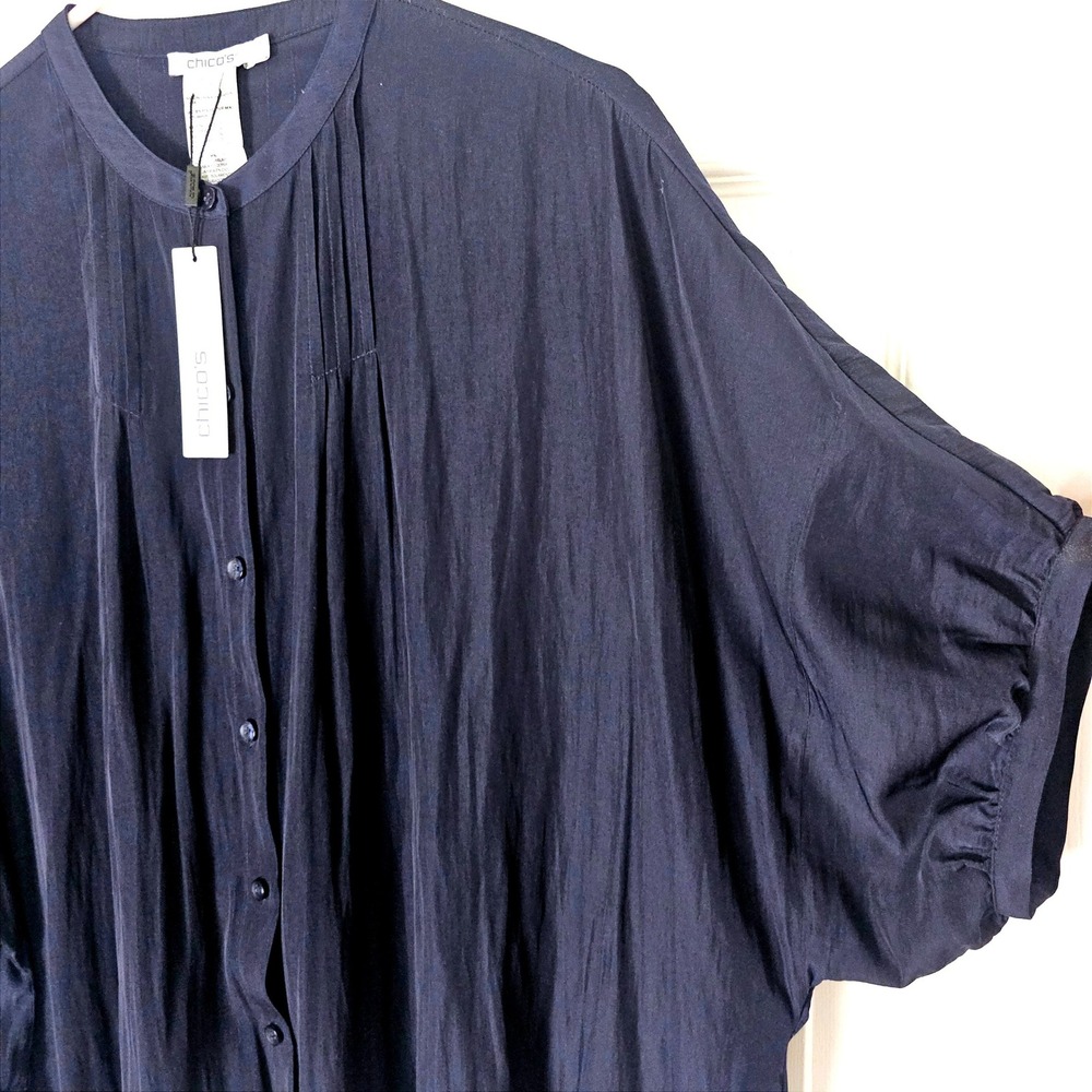 Chicos Dolman Sleeve Pleated Shirt Navy Blue Button Front 2(12) Plus Curvy Flowy - Picture 4 of 6